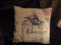 Needlepoint Green Bird with Cage Script Square Cushion
